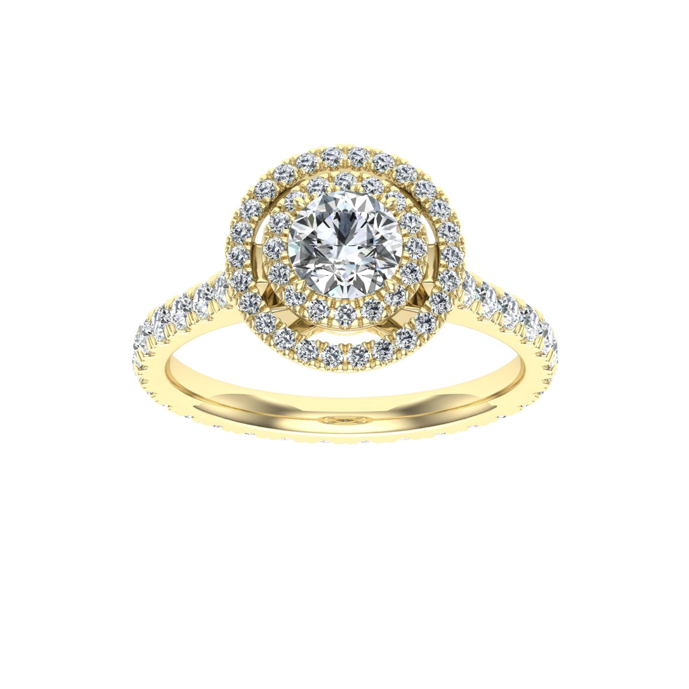 Luster Round Cut Double Halo Moissanite Engagement Ring Yellow Gold